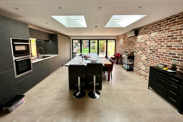 wide view of Watford kitchen extension in family home by CasaLife Kitchens