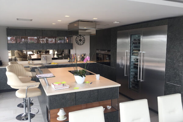 dark kitchen with island